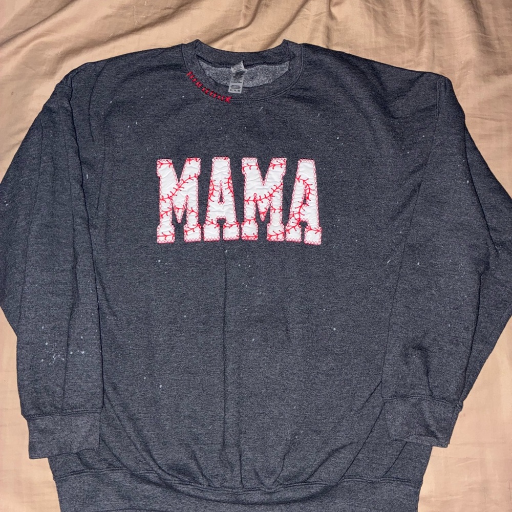 Mama Embroidered Dark Gray baseball mana distressed Crew Neck Sweatshirt